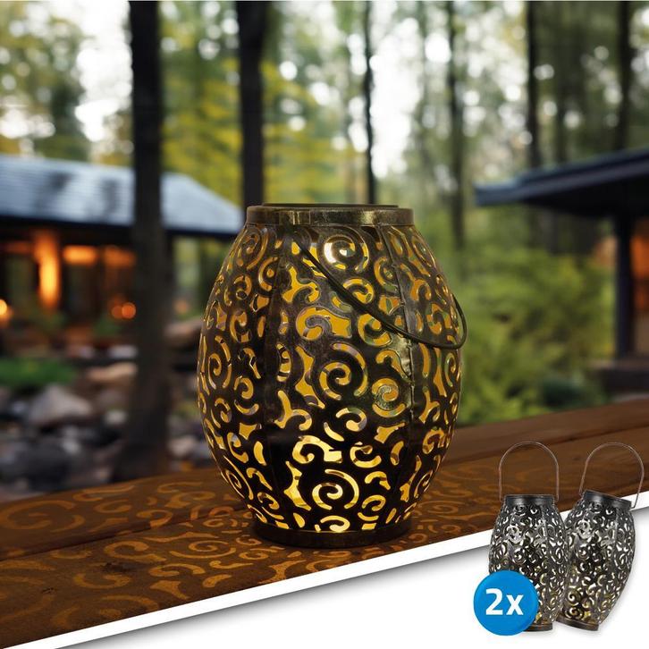 2x Solar LED tafellamp Agadir op zonne-energie met handvat, Tuin en Terras, Buitenverlichting, Led, Licht-donker-sensor, Zonne-energie