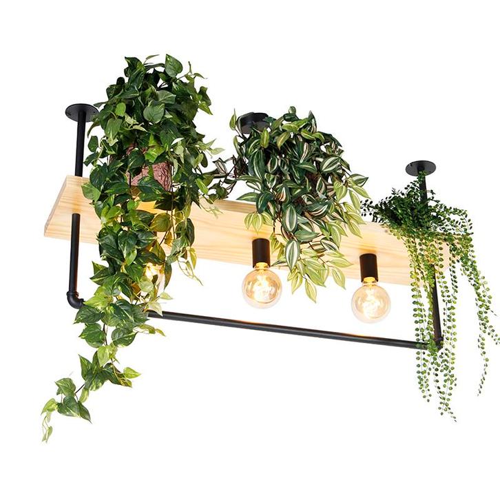 Industriële plafondlamp zwart met hout 3-lichts - Shelf, Huis en Inrichting, Lampen | Plafondlampen, Nieuw, Overige materialen