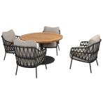 Saba Calpi low dining tuinset 5 delig 130 cm rond teak, Ophalen of Verzenden, Nieuw