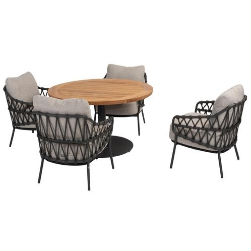 Saba Calpi low dining tuinset 5 delig 130 cm rond teak, Tuin en Terras, Tuinsets en Loungesets, Nieuw, Ophalen of Verzenden