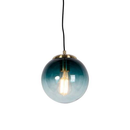 Art deco hanglamp messing met oceaanblauw glas 20 cm -, Huis en Inrichting, Lampen | Hanglampen, Nieuw, Glas, 75 cm of meer
