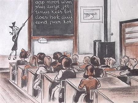 Spotprent met een kind als onderwijzeres der toekomst, Antiek en Kunst, Kunst | Litho's en Zeefdrukken, Verzenden