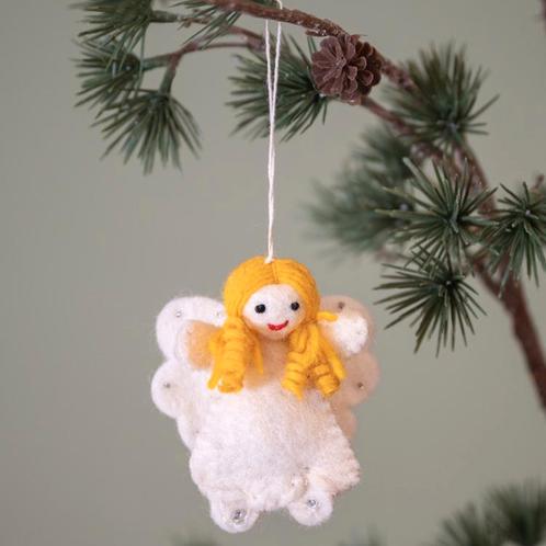 Hanger Vilt - Kerstengeltje Wit - Strass - 9x7cm - Fairtrade, Diversen, Kerst, Nieuw, Ophalen of Verzenden