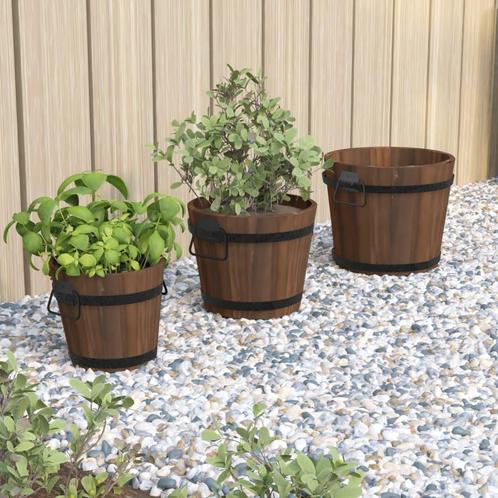 vidaXL Plantenbakset houten emmer 3-delig massief vurenhout, Tuin en Terras, Bloembakken en Plantenbakken, Minder dan 60 cm, Nieuw