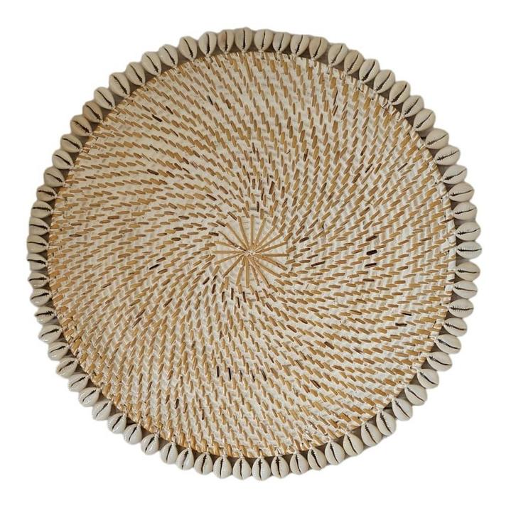 Wanddecoratie rotan/Schelpen cirkel 33 cm wit, Tuin en Terras, Tuinwanddecoratie, Verzenden