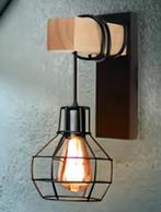Retro Wandlamp Hout & Metaal – Industriële Kooilamp, Huis en Inrichting, Lampen | Wandlampen, Verzenden, Nieuw