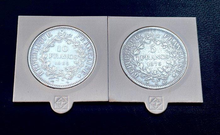 Frankrijk. 5 FRancs 1875 A e 10 Francs 1965 - 2 moedas, Postzegels en Munten, Munten | Europa | Niet-Euromunten