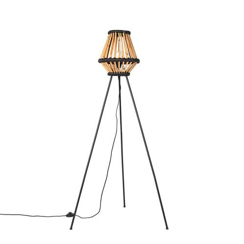 Oosterse tripod vloerlamp bamboe met zwart - Evalin, Huis en Inrichting, Lampen | Vloerlampen, Nieuw, 100 tot 150 cm