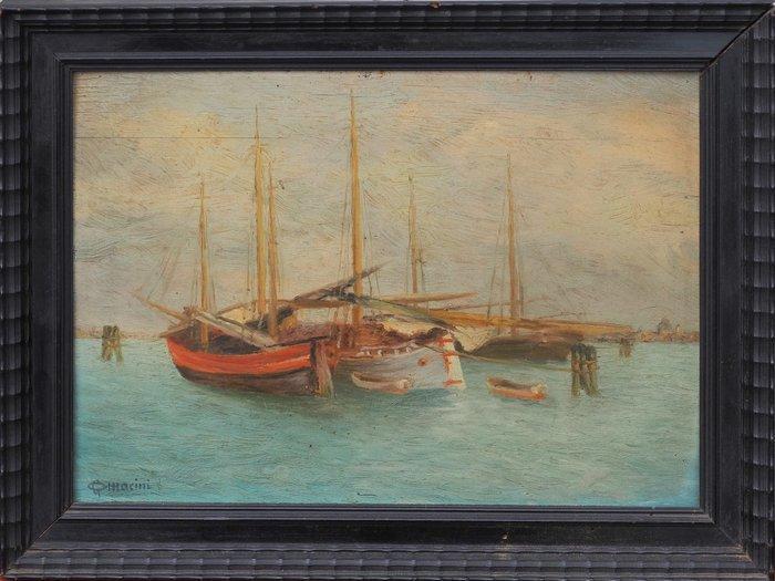 Scuola Italiana (XIX-XX) (Firmato P. Marini) - Barconi nella, Antiek en Kunst, Kunst | Schilderijen | Klassiek