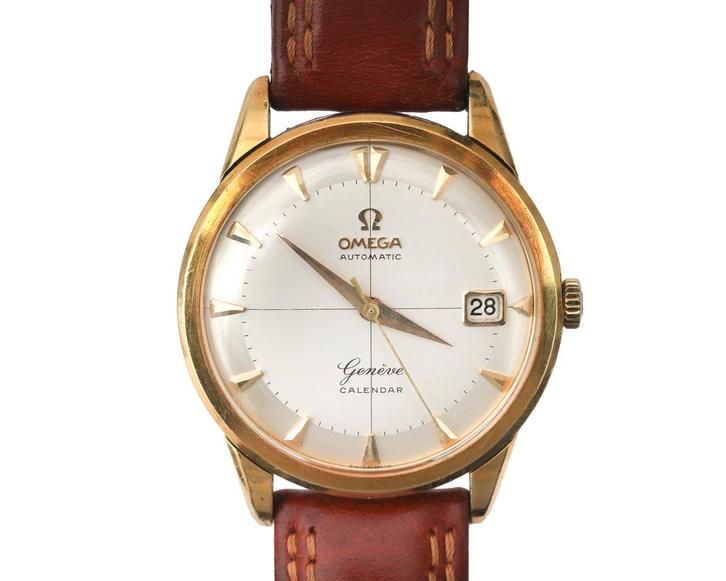 18k geelgouden Omega Geneve Calendar polshorloge ca. 1959, Sieraden, Tassen en Uiterlijk, Horloges | Antiek
