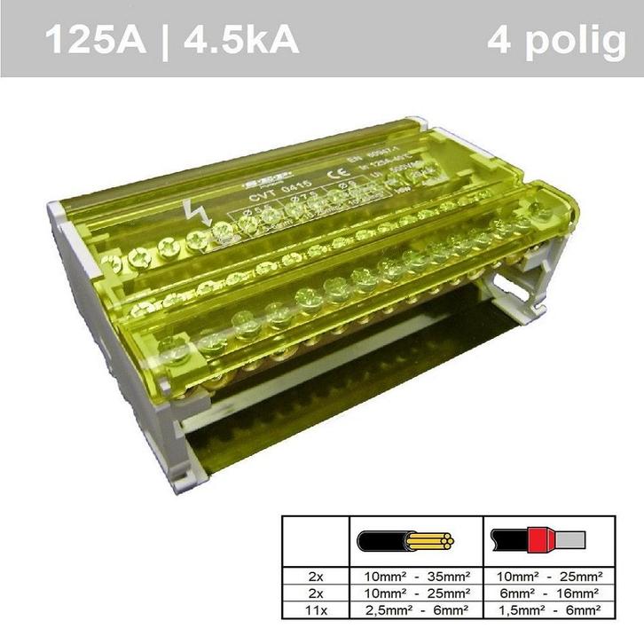 SEP verdeelblok 4 polig 125A 15 aansluitingen - CVT 0415, Doe-het-zelf en Verbouw, Elektra en Kabels, Ophalen of Verzenden