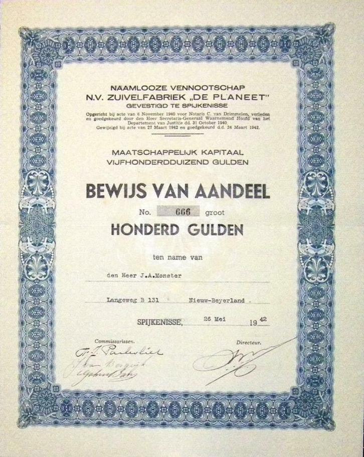 aandeel Zuivelfabriek De Planeet te Spijkenisse, 1942, Postzegels en Munten, Aandelen en Waardepapieren, Aandeel, 1920 tot 1950