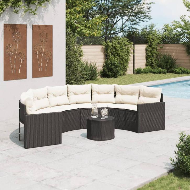 vidaXL Tuinbank met tafel en kussens halfrond poly rattan, Tuin en Terras, Tuinsets en Loungesets, Nieuw, Rotan, Verzenden