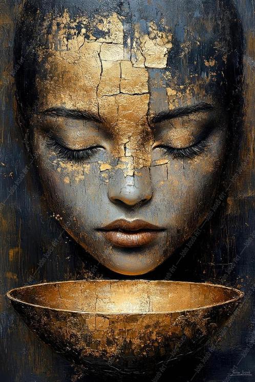 John Joseb Art schilderij, goud, vrouw, schaal, grunge, Huis en Inrichting, Woonaccessoires | Schilderijen, Tekeningen en Foto's