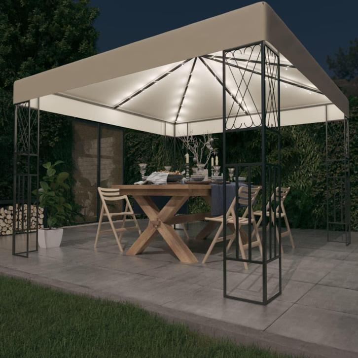 vidaXL Prieel met LED-lichtslinger 3x3 m stof crèmekleurig, Tuin en Terras, Partytenten, Nieuw, Verzenden
