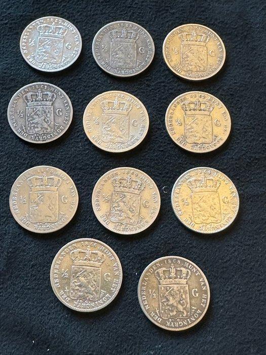 Nederland. Willem III. 1/2 Gulden 1857/1868, 11 stuks, Postzegels en Munten, Munten | Nederland
