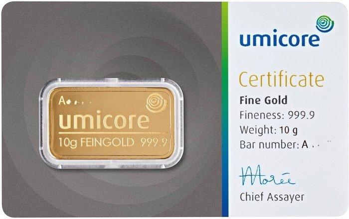 10 gram - Goud .999 - Umicore - Verzegeld en met certificaat, Postzegels en Munten, Edelmetalen en Baren