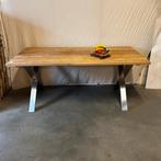 Eettafel - 150 tot 200 cm – geborsteld teak - RVS X  poten, Huis en Inrichting, 50 tot 100 cm, Nieuw, Landelijk Stoer Robuust 