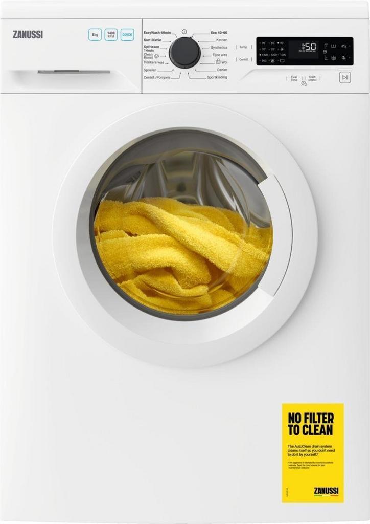 Zanussi ZWFN8430W - Wasmachine - 8 kg - 1400 tpm -, Witgoed en Apparatuur, Wasmachines, Zo goed als nieuw, Voorlader, 85 tot 90 cm