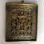 Reis-icoon - Kruisiging en Heiligen - brons, emaille, Antiek en Kunst