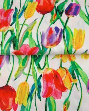 Tricot/Jersey Kleurijke Tulpen, Hobby en Vrije tijd, Stoffen en Lappen, Overige kleuren, Nieuw