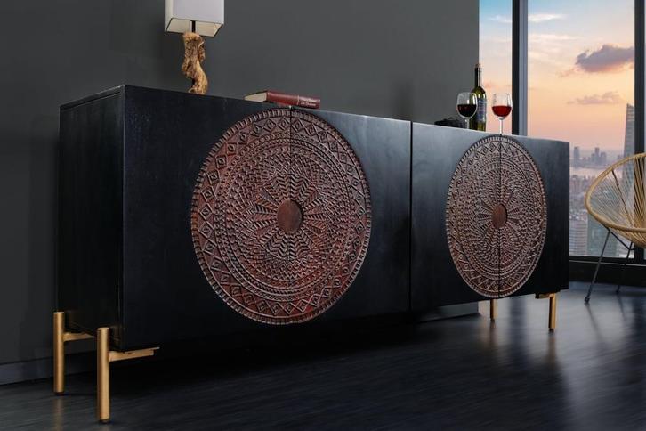 Massief dressoir MANDALA 160cm mangohout zwart gouden poten, Huis en Inrichting, Kasten | Dressoirs, Ophalen of Verzenden
