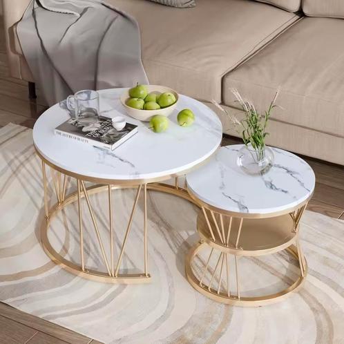 2-Delige Moderne Ronde Salontafel Set – Marmeren Textuur, Huis en Inrichting, Tafels | Salontafels, Minder dan 50 cm, 50 tot 100 cm