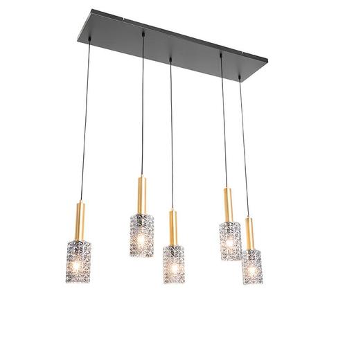 Hanglamp goud met smoke glas langwerpig 5-lichts - Elva, Huis en Inrichting, Lampen | Hanglampen