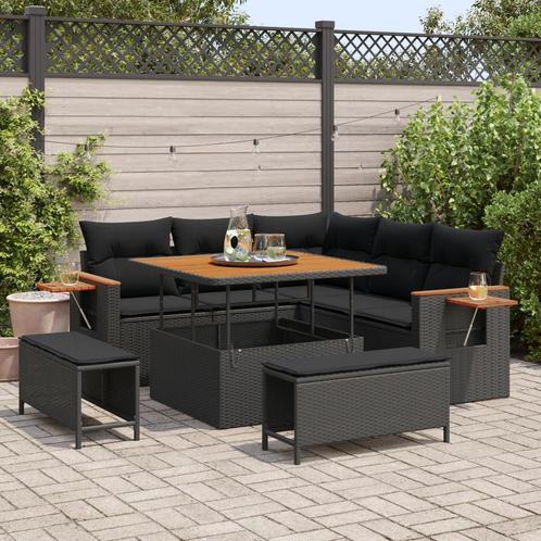 vidaXL 8-delige tuinset met kussens zwart poly rattan acacia, Tuin en Terras, Tuinsets en Loungesets, Tuinset, Nieuw, Rotan, Verzenden