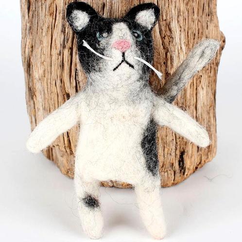 Vilten Vingerpoppetje Kat Zwart wit - 16cm NIEUW, Kinderen en Baby's, Speelgoed | Poppen, Nieuw, Ophalen of Verzenden
