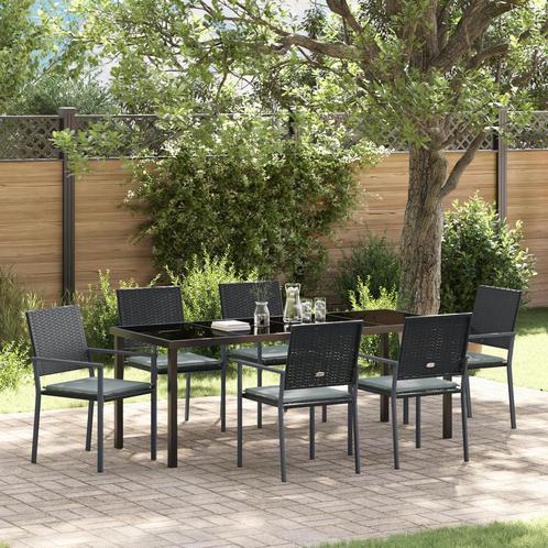 vidaXL 7-delige Tuin Eetset met Kussens Zwart Poly Rattan, Tuin en Terras, Tuinsets en Loungesets, Nieuw, Rotan, Verzenden