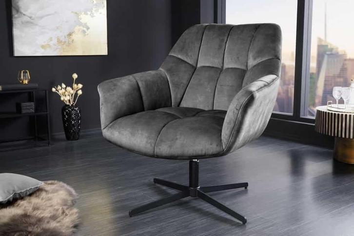 Draaifauteuil PAPILLON grijs fluweel zwart metaal in hoogte, Huis en Inrichting, Fauteuils, Ophalen of Verzenden
