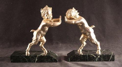 Met faunen - Boekensteunen - Marmer, Verzilverd brons, Antiek en Kunst, Curiosa en Brocante