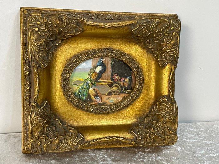 onbekend - Pauwen op boerderij in Barok Lijstje, Antiek en Kunst, Curiosa en Brocante