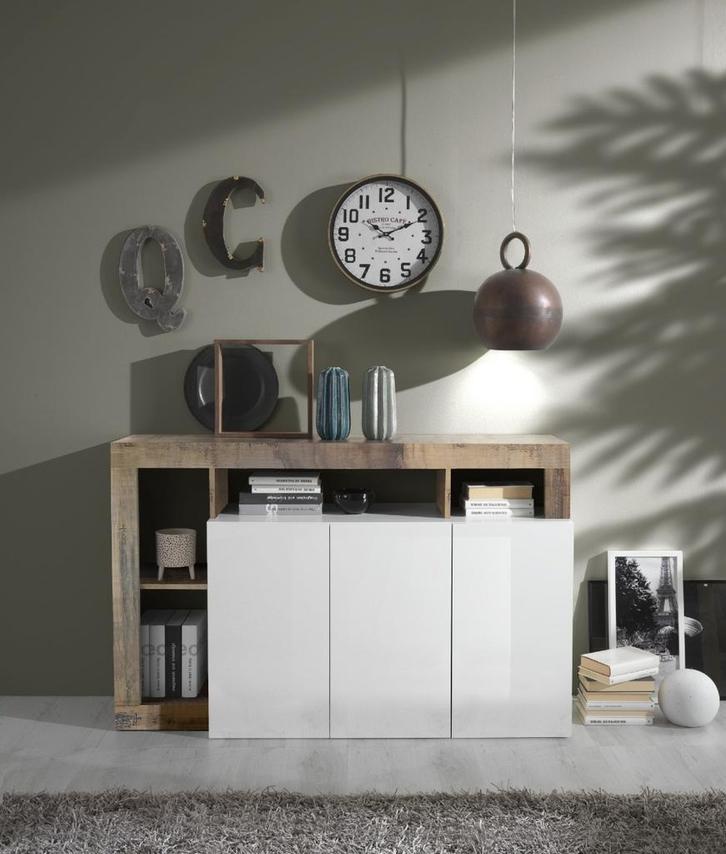 Benvenuto Design Hamburg Dressoir 3 deurs Wit / Eiken, Huis en Inrichting, Kasten | Dressoirs, Ophalen of Verzenden