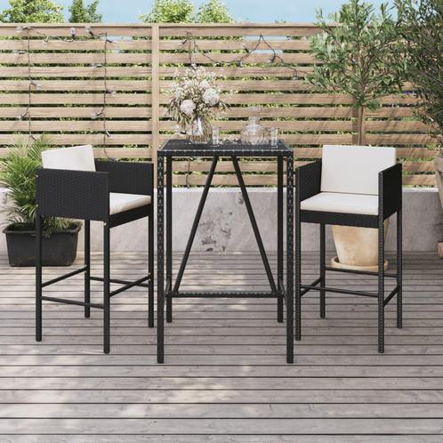 vidaXL 3-delige Tuinbarset met kussens poly rattan zwart, Tuin en Terras, Tuinsets en Loungesets, Nieuw, 2 zitplaatsen, Rotan