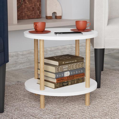 Bijzettafel Ves rond met onderblad Ø42x49 cm wit en houtkleu, Huis en Inrichting, Tafels | Bijzettafels, Verzenden
