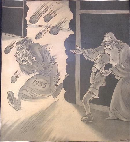 Het jaar 1935 met stenen bekogelt op spotprent (lijst optie), Antiek en Kunst, Kunst | Litho's en Zeefdrukken, Verzenden