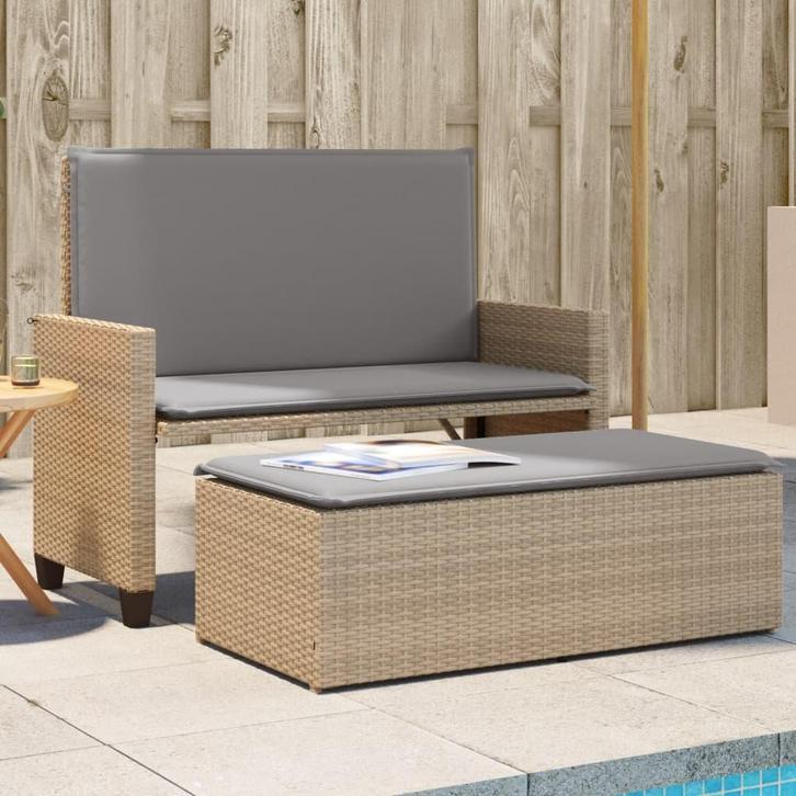 vidaXL Tuinbank met kussens en voetenbank poly rattan beige, Tuin en Terras, Tuinbanken, Nieuw, Rotan, Verzenden