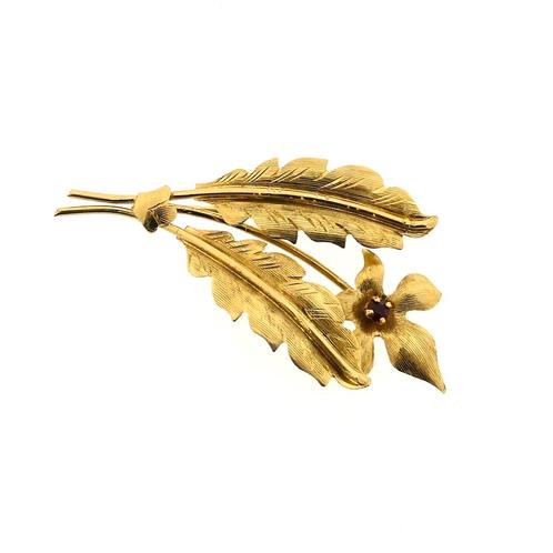 Gouden florale broche met granaat | Art nouveau (vintage), Sieraden, Tassen en Uiterlijk, Broches, Overige kleuren, Gebruikt, Met edelsteen