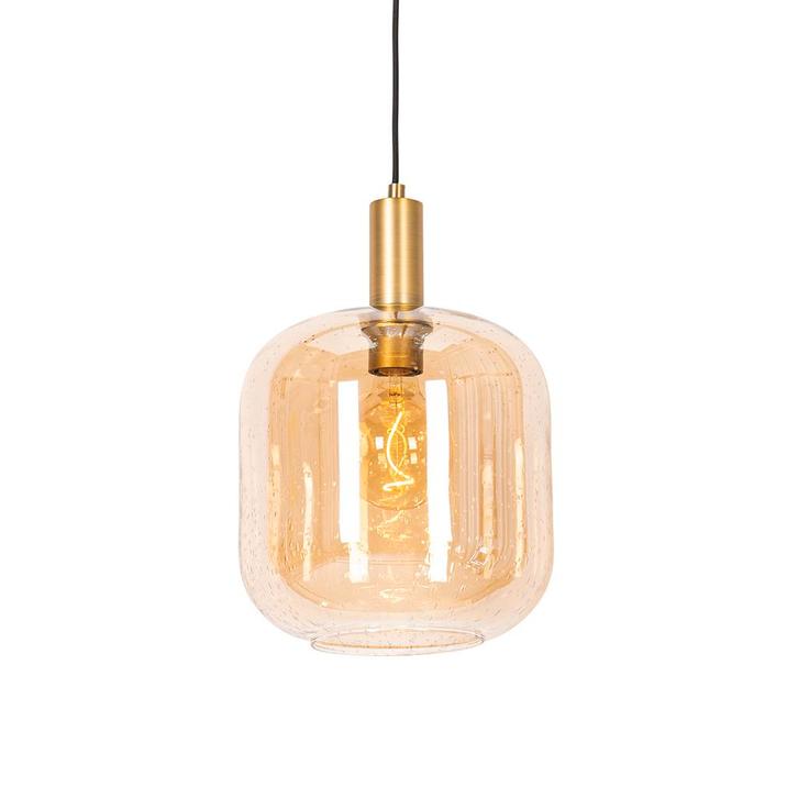 Design hanglamp zwart met messing en amber glas - Zuzanna, Huis en Inrichting, Lampen | Hanglampen, Nieuw, Glas, 75 cm of meer