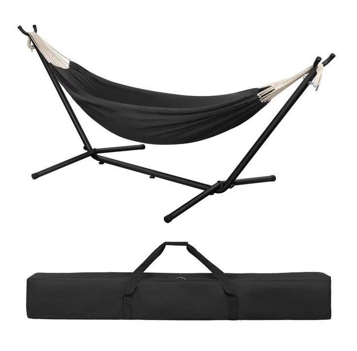 Hangmat met Standaard - 2 personen - Grijs - incl. draagtas, Tuin en Terras, Hangmatten, Meerpersoons, Nieuw, Met standaard, Inklapbaar