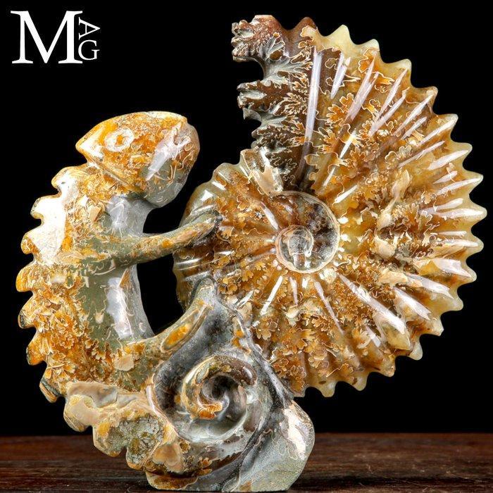 Fossil Sculpture Uitgehouwen Cleoniceras ammoniet met iguana, Verzamelen, Dierenverzamelingen