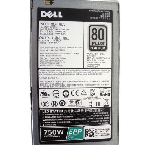 Dell 750W PowerEdge Power Supply 80 Plus Platinum L750E-S0, Computers en Software, Interne voedingen, Refurbished, Ophalen of Verzenden