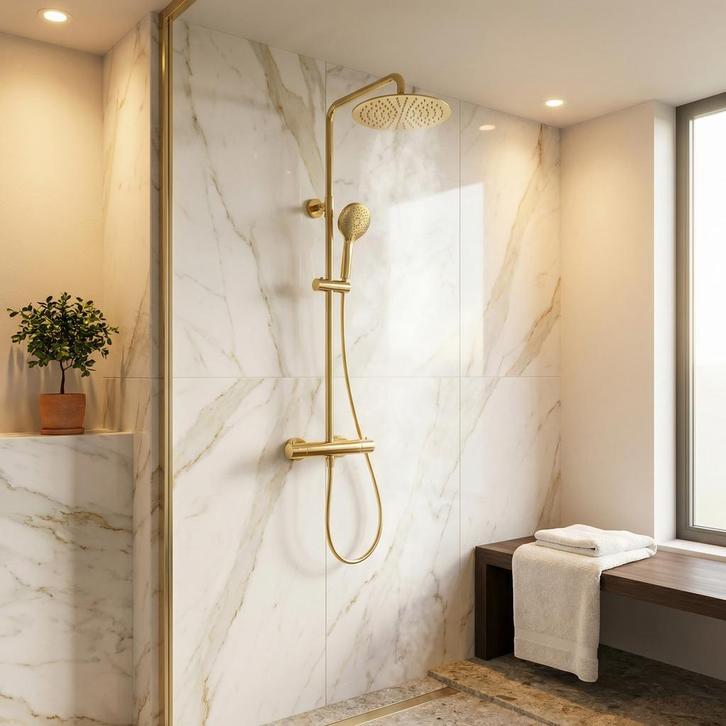 Regendoucheset Goud 25cm | Thermostaat | Nieuw, Huis en Inrichting, Badkamer | Badkamermeubels, Minder dan 25 cm, Nieuw, Overige typen