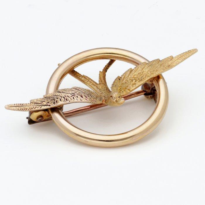 Broche - 14 karaat Geel goud, Roségoud - Vogel, Sieraden, Tassen en Uiterlijk, Antieke sieraden