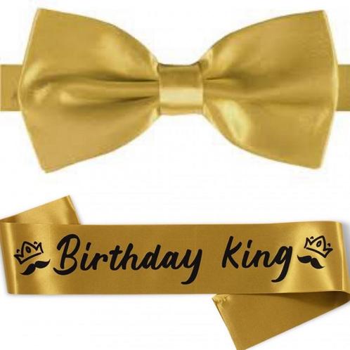2-delige Birthday King set goud met vlinderdas en sjerp, Hobby en Vrije tijd, Feestartikelen, Verjaardag, Nieuw, Versiering, Verzenden