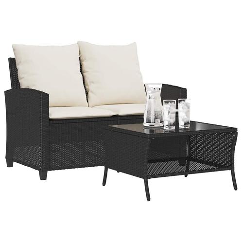 vidaXL Tuinbank 2-zits met kussens & tafel poly rattan zwart, Tuin en Terras, Tuinsets en Loungesets, Nieuw, Rotan, Verzenden