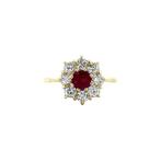 Gouden entourage ring met robijn en diamant 14 karaat, Sieraden, Tassen en Uiterlijk, Ringen, Verzenden, Zo goed als nieuw, Goud