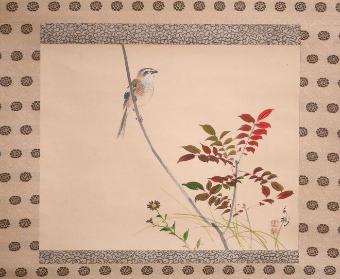 Herfstbloemen - Kleine vogel - hangende rol - Met de hand, Antiek en Kunst, Antiek | Overige Antiek